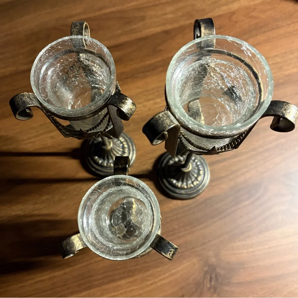 Vintage Bronze Star Crackled Glass Candle Holders Set of 3 - Picture 2 of 6